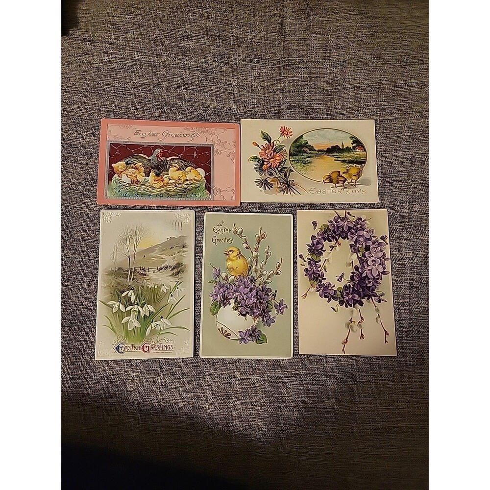 5 Easter Antique Postcards Hen Chicks Flowers Scene Tucks Emb. Posted NH MA 1908